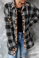 Casual Plaid Leopard Buckle Turndown Collar Tops