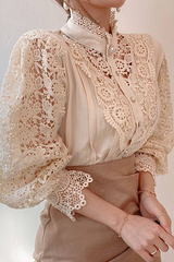 Elegant Patchwork Lace Hollowed Out Buckle Mandarin Collar Blouses(3 Colors)