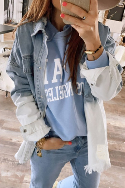 Casual Solid Ripped Make Old Turndown Collar Long Sleeve Denim Jacket