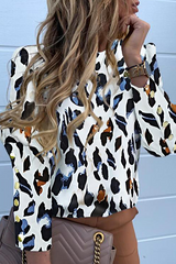 Elegant Print Patchwork Buckle O Neck Blouses(4 Colors)