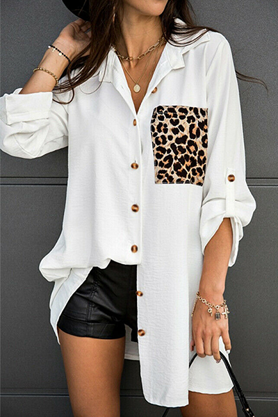 Casual Leopard Split Joint Buckle Turndown Collar Tops