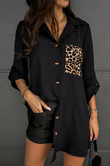 Casual Leopard Split Joint Buckle Turndown Collar Tops