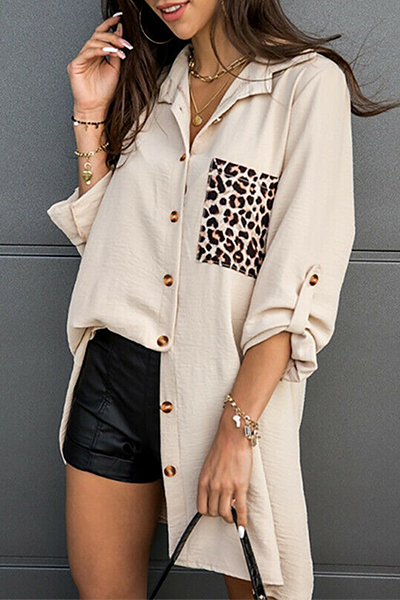 Casual Leopard Split Joint Buckle Turndown Collar Tops