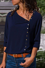 Elegant Solid Buckle Oblique Collar Tops(7 Colors)