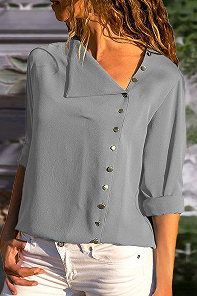 Elegant Solid Buckle Oblique Collar Tops(7 Colors)