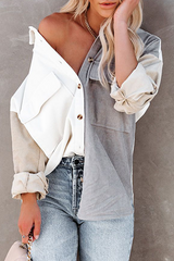 Casual Patchwork Pocket Buckle  Contrast Turndown Collar Tops