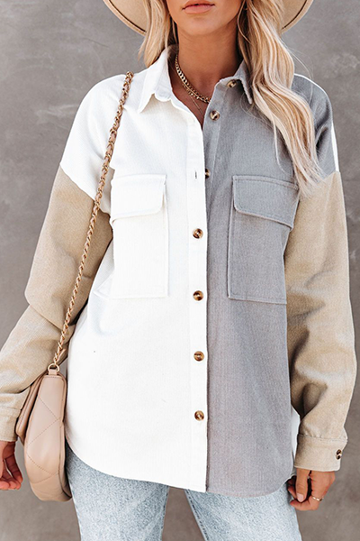 Casual Patchwork Pocket Buckle  Contrast Turndown Collar Tops