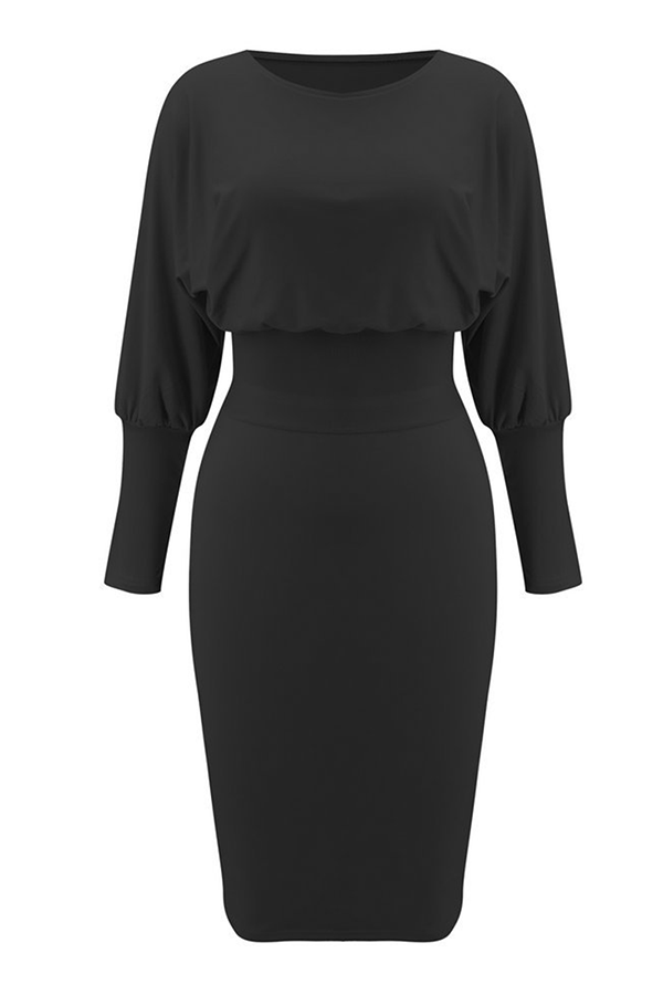 Elegant Solid Patchwork Fold O Neck Pencil Skirt Dresses