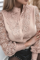 Elegant Solid Lace Hollowed Out Buckle Mandarin Collar Tops(4 Colors)