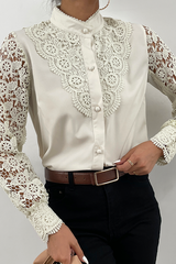 Elegant Solid Lace Hollowed Out Buckle Mandarin Collar Tops(4 Colors)