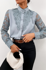 Elegant Solid Lace Hollowed Out Buckle Mandarin Collar Tops(4 Colors)