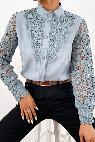 Elegant Solid Lace Hollowed Out Buckle Mandarin Collar Tops(4 Colors)