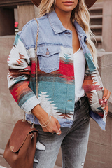 Casual Street Print Patchwork Buckle Turndown Collar Long Sleeve Denim Jacket