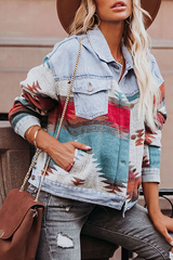 Casual Street Print Patchwork Buckle Turndown Collar Long Sleeve Denim Jacket