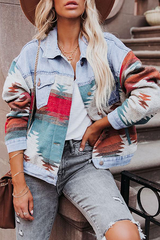 Casual Street Print Patchwork Buckle Turndown Collar Long Sleeve Denim Jacket