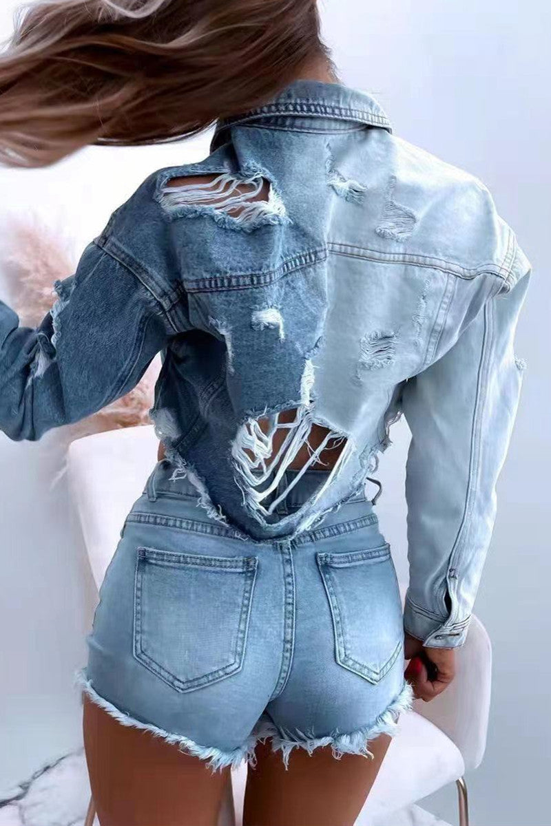 Fashion Casual Patchwork Ripped Turndown Collar Long Sleeve Regular Denim Jacket