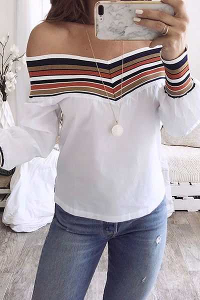 Casual Striped Patchwork Off the Shoulder Tops