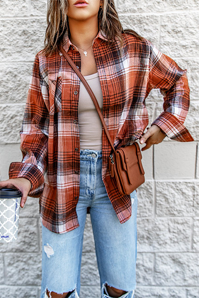 Casual Plaid Patchwork Buckle Turndown Collar Blouses