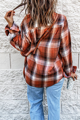 Casual Plaid Split Joint Buckle Turndown Collar Tops