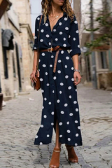 Casual Polka Dot Buckle Slit Turndown Collar Shirt Dress Dresses  (Without Belt)