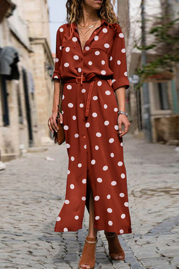 Casual Polka Dot Buckle Slit Turndown Collar Shirt Dress Dresses  (Without Belt)