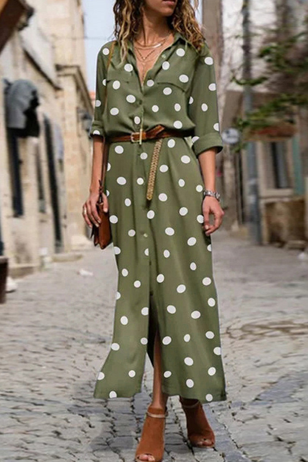 Casual Polka Dot Buckle Slit Turndown Collar Shirt Dress Dresses  (Without Belt)