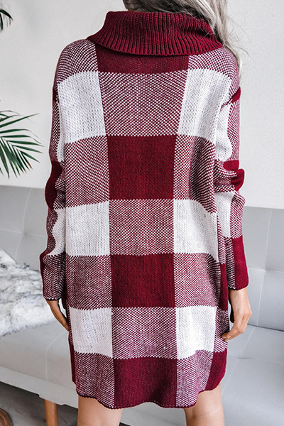 Casual Plaid Split Joint  Contrast Turtleneck Pencil Skirt Dresses Sweater (Without Belt)