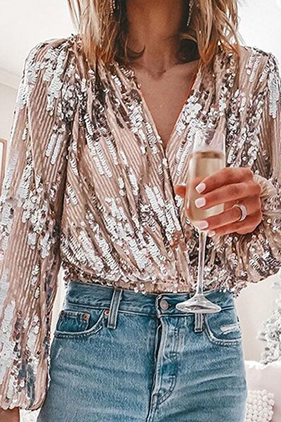 Elegant Patchwork Fold Sequins V Neck Blouses