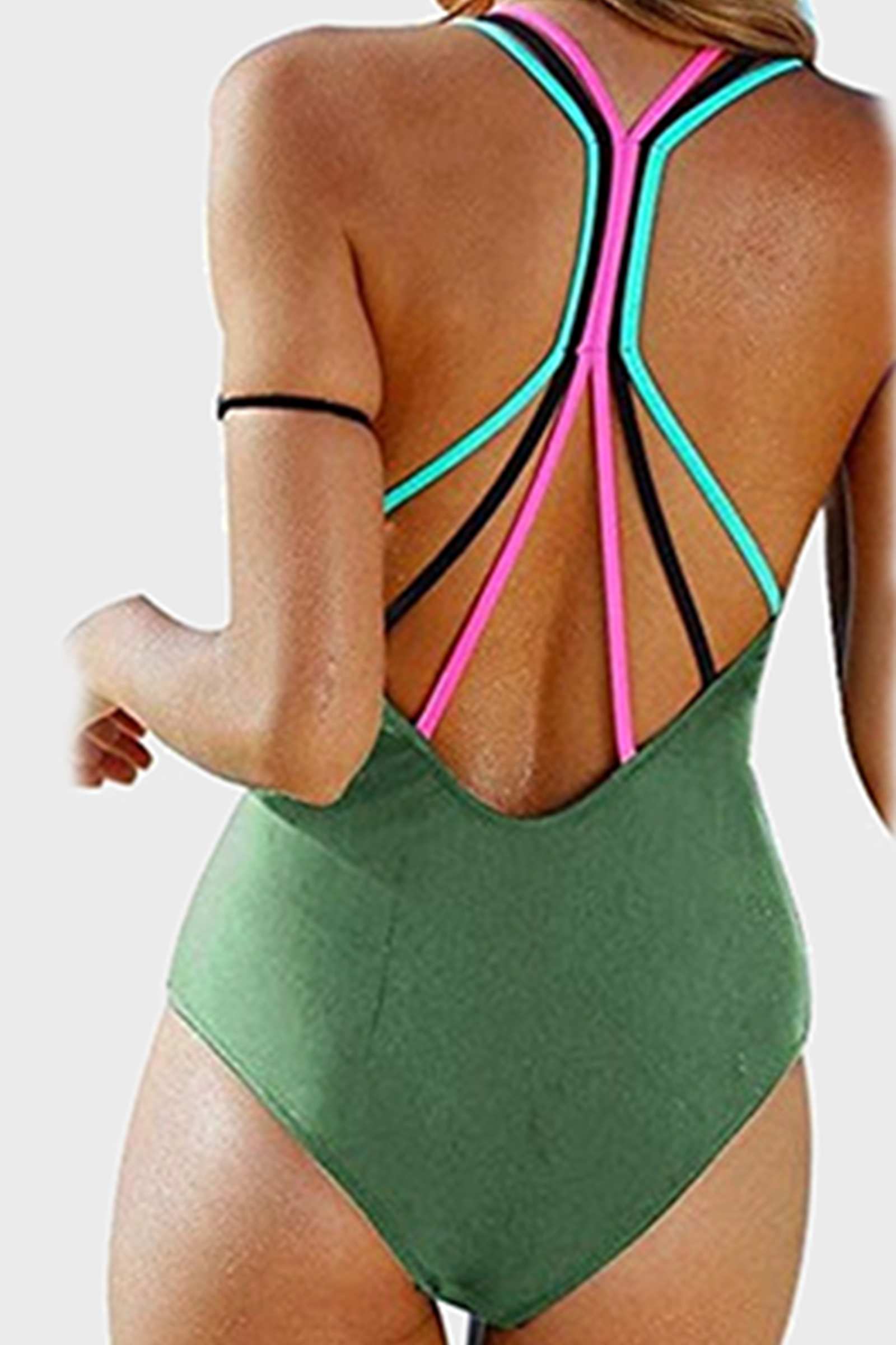 Vacation Patchwork Hollowed Out Backless Swimwears