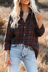 Casual Plaid Pocket Buckle Turndown Collar Tops