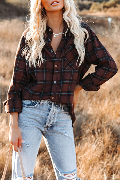 Casual Plaid Pocket Buckle Turndown Collar Tops