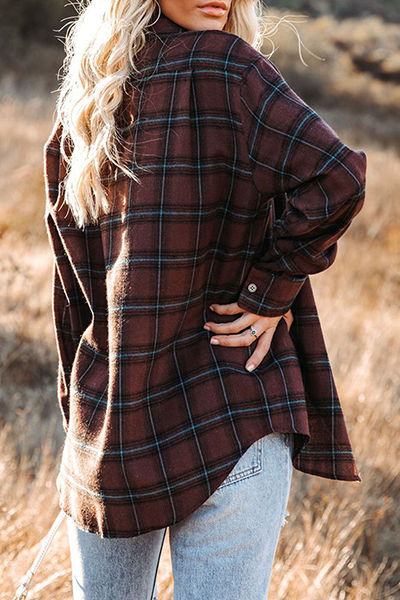 Casual Plaid Pocket Buckle Turndown Collar Tops