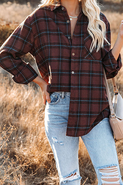 Casual Plaid Pocket Buckle Turndown Collar Tops