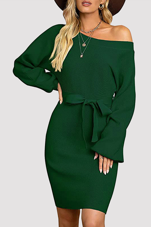 Fashion Elegant Solid Patchwork With Belt Oblique Collar Wrapped Skirt Dresses