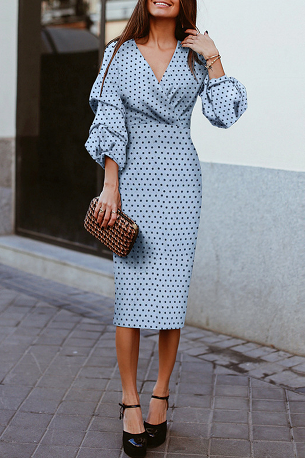 Fashion Elegant Polka Dot Fold V Neck Waist Skirt Dresses