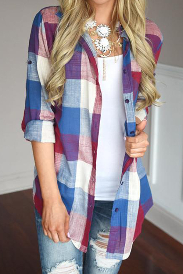 Casual Plaid Pocket Buckle Turndown Collar Tops