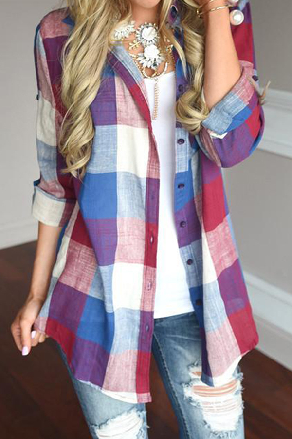 Casual Plaid Pocket Buckle Turndown Collar Tops