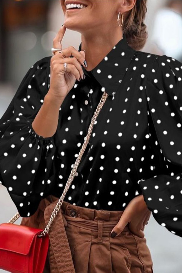 Fashion Elegant Polka Dot Split Joint Buckle Turndown Collar Tops