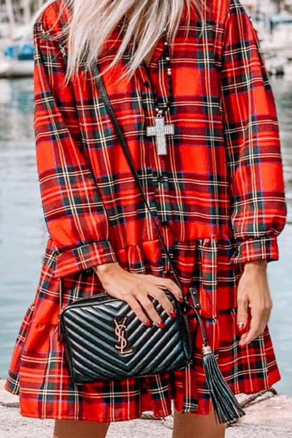 Casual Plaid Buckle Flounce Cake Skirt Dresses