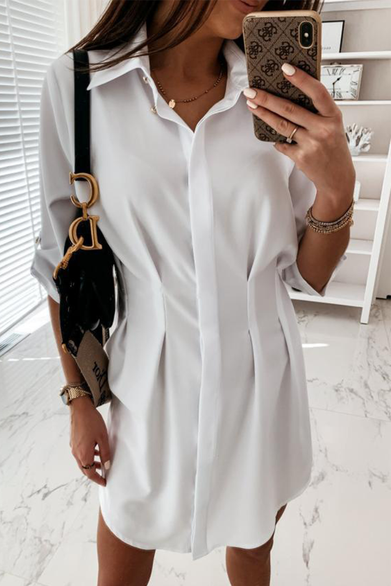 Casual Solid Buckle Fold Turndown Collar Shirt Dress Dresses(3 Colors)