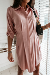 Casual Solid Buckle Fold Turndown Collar Shirt Dress Dresses(3 Colors)