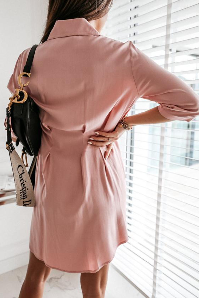 Casual Solid Buckle Fold Turndown Collar Shirt Dress Dresses(3 Colors)