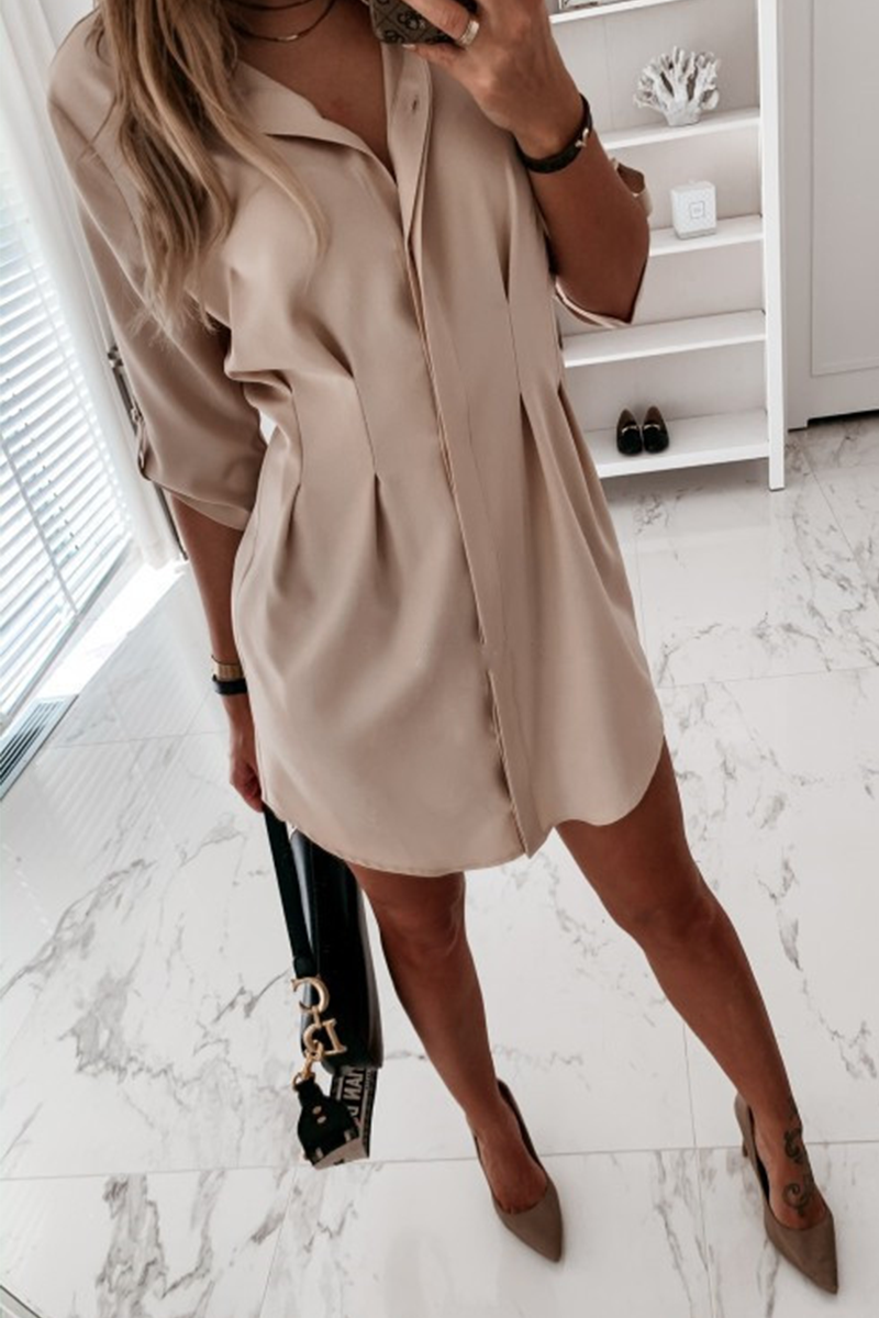 Casual Solid Buckle Fold Turndown Collar Shirt Dress Dresses(3 Colors)