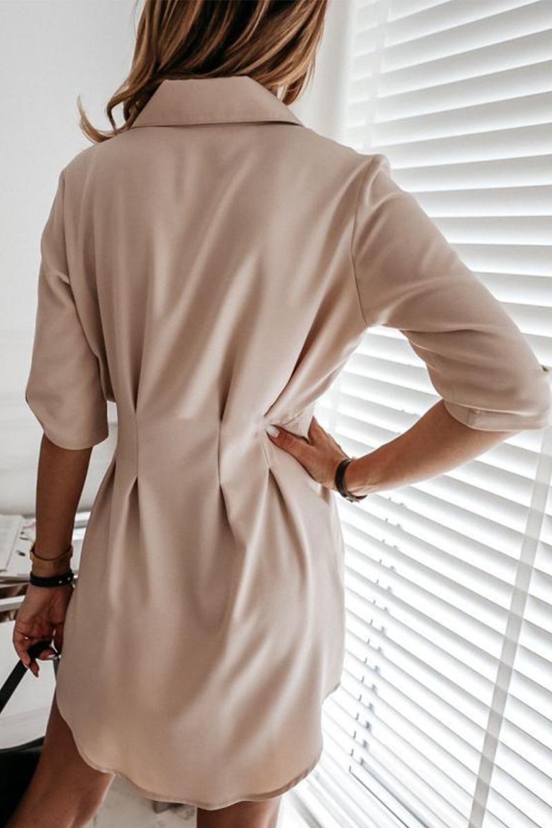 Casual Solid Buckle Fold Turndown Collar Shirt Dress Dresses(3 Colors)