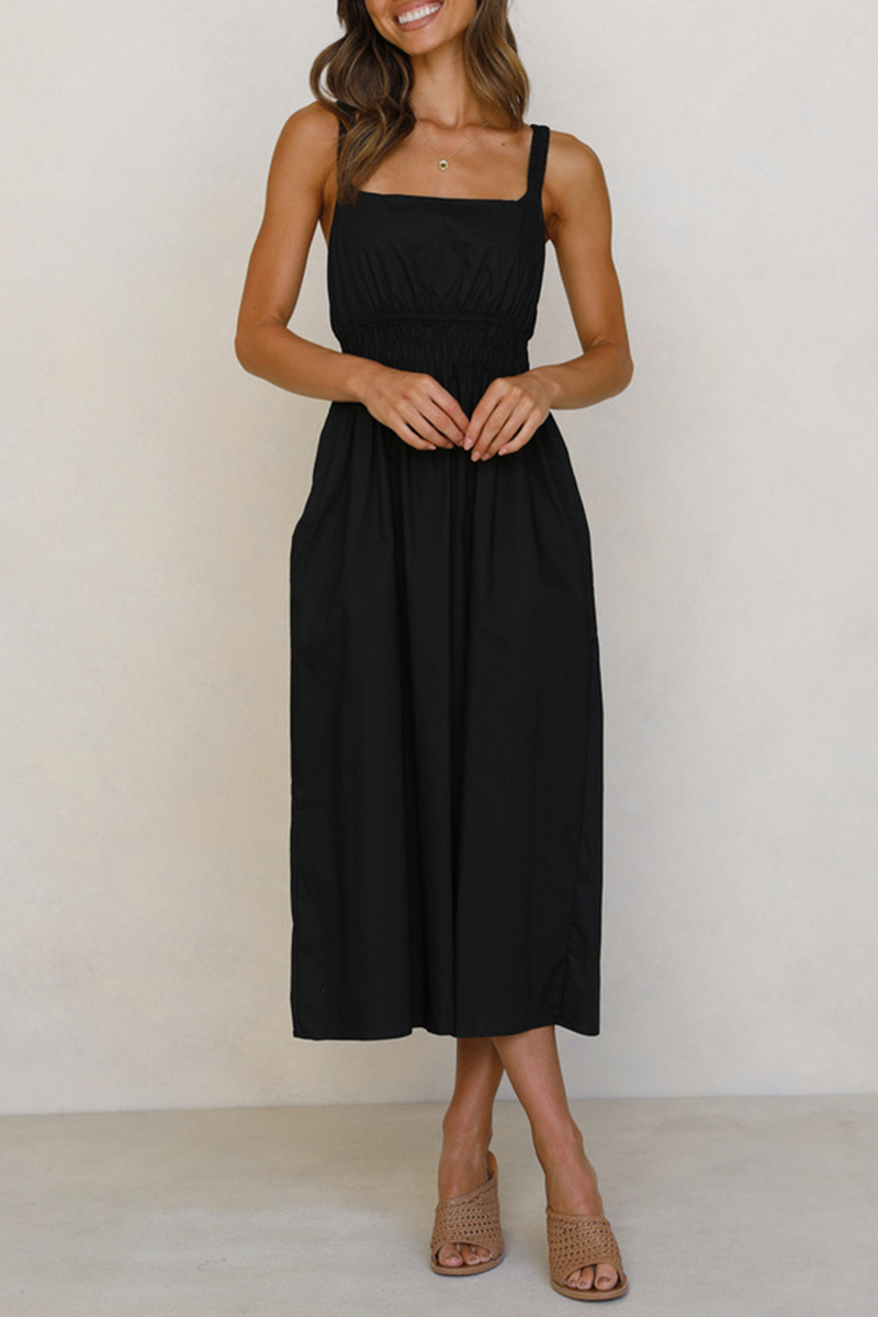 Casual Solid Split Joint Backless Square Collar Waist Skirt Dresses