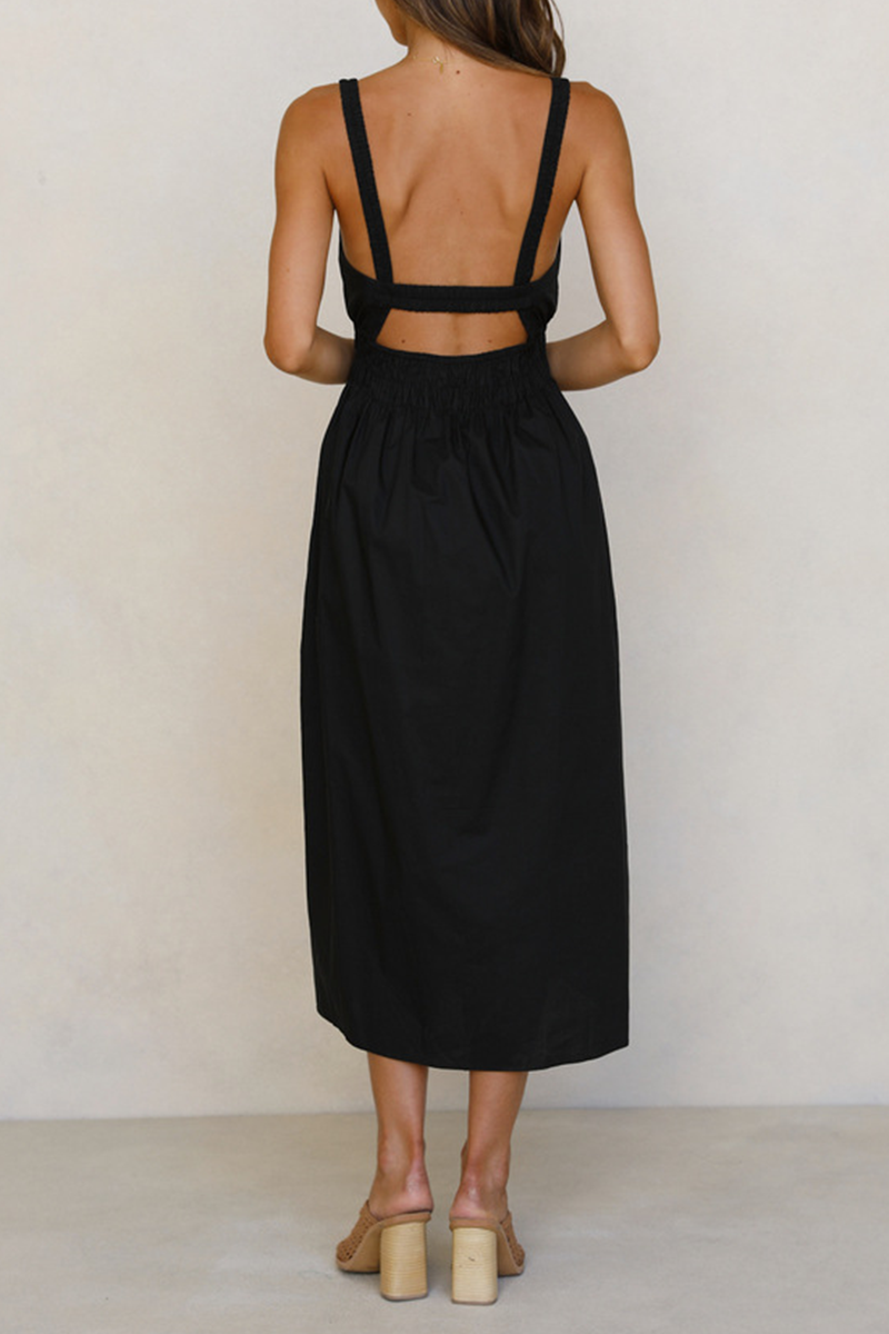 Casual Solid Split Joint Backless Square Collar Waist Skirt Dresses