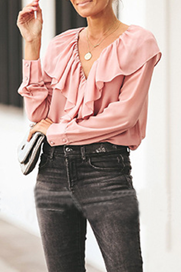 Fashion Elegant Solid Patchwork Flounce V Neck Tops