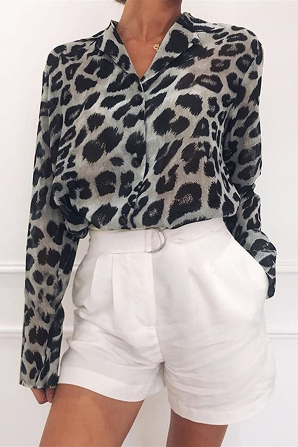 Fashion Leopard Buckle Turndown Collar Tops(4 Colors)