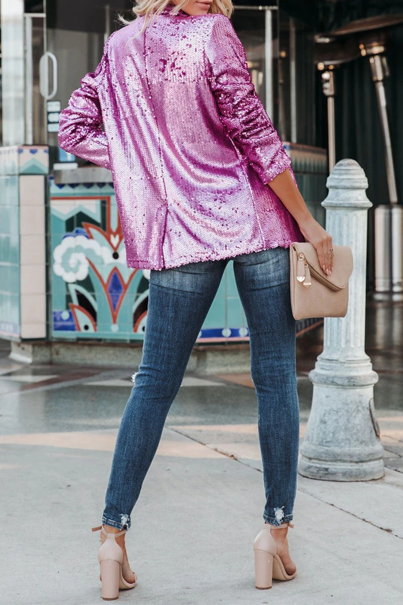 Street Patchwork Sequins Cardigan Collar Outerwear