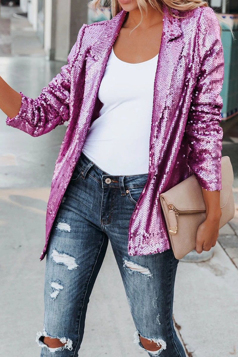 Street Patchwork Sequins Cardigan Collar Outerwear